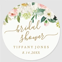 personalized floral blush gold pink confetti bridal shower classic round sticker
