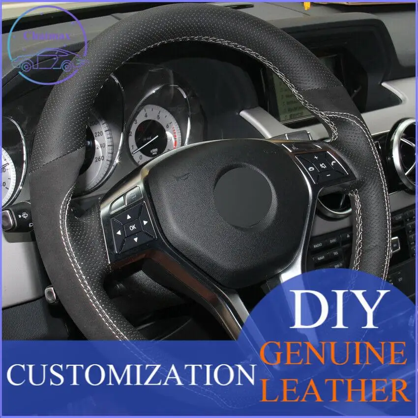 

For Benz GLK260 300 200 Black Leather Suede Hand-stitched Steering Wheel Cover anti-slip design all season