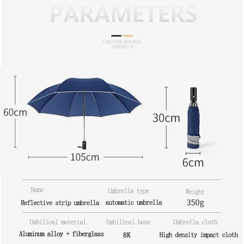 

Business Automatic Umbrella Reverse Folding Umbrella With Reflective Strips 3 fold umbrella Reverse umbrella folding Waterproof