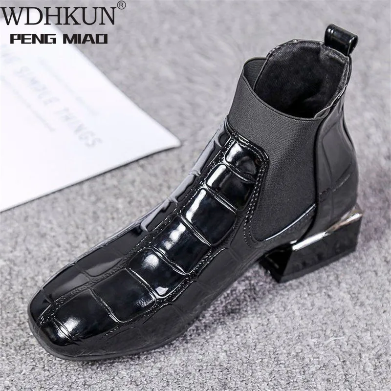 

Шикарные женские ботинки 2021, блестящая обувь из искусственной кожи на осень и зиму, женские ботильоны с квадратным каблуком и квадратным но...