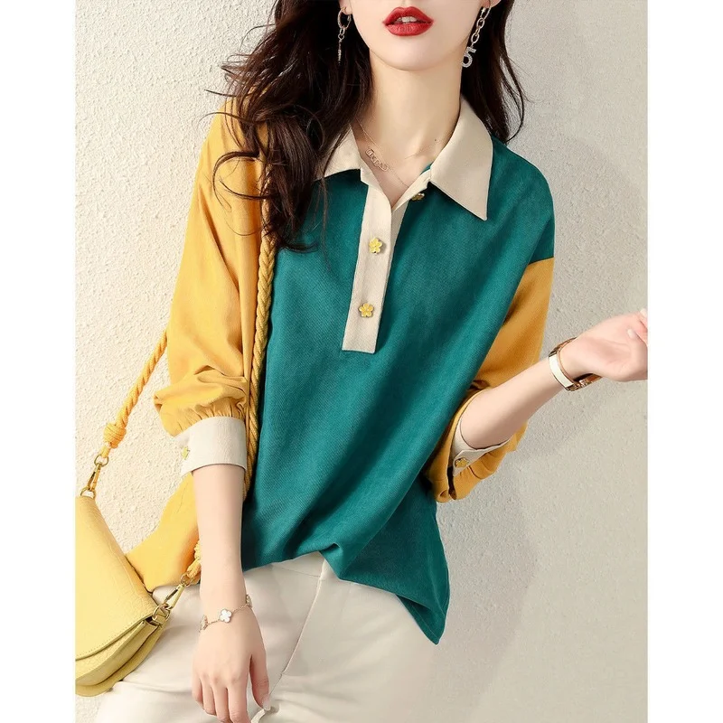 

2022 Autumn New Fashion Stitching Contrast Color Temperament All-match Girly Style Age Reduction Shirt Female T-shirt Top
