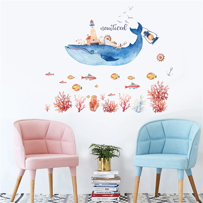 

Cute Children's Room Wall Sticker Cartoon Blue Whale Dolphin Coral Decal Nursery Kids Bedroom Self Adhesive Waterproof Wallpaper