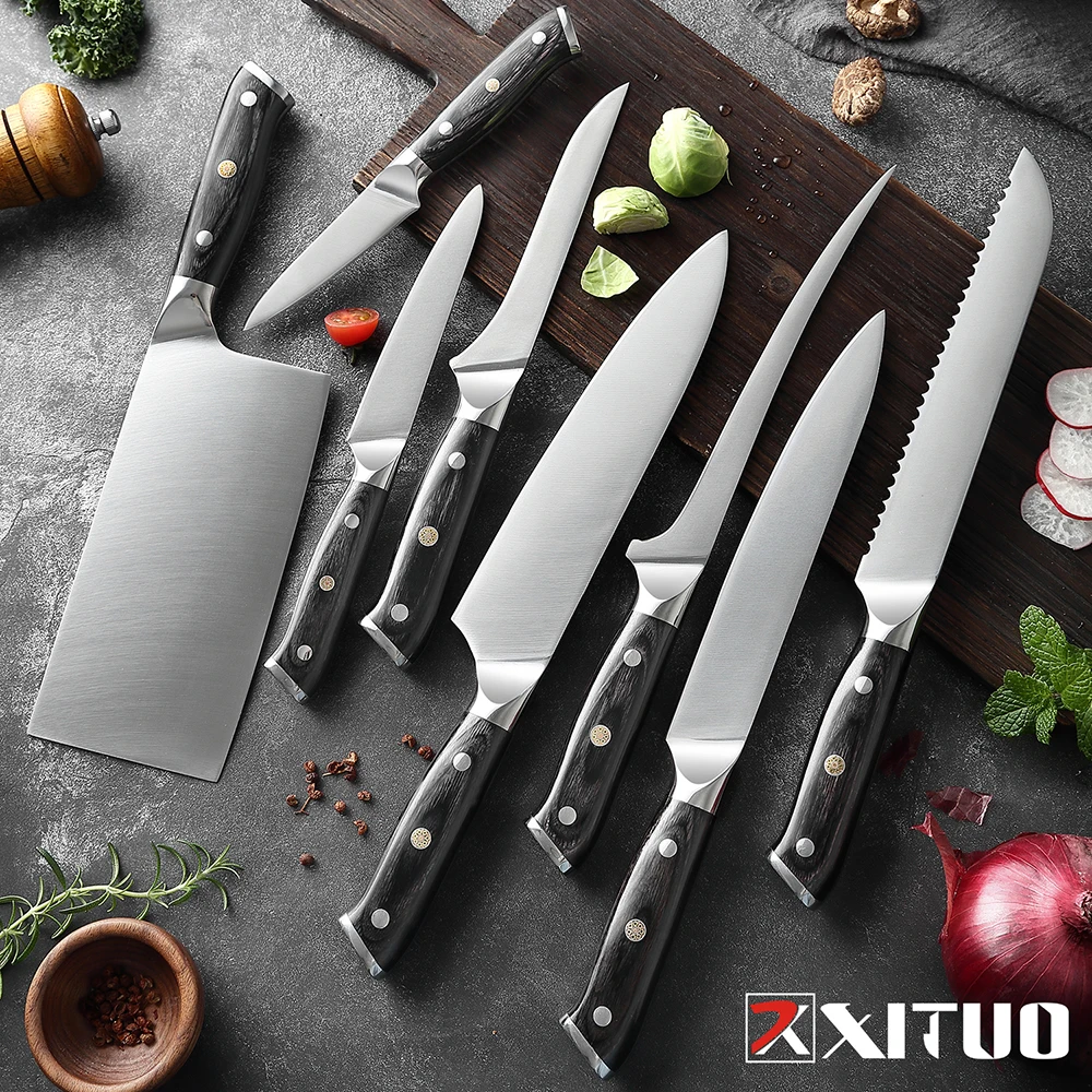 

XITUO kitchen knife 7CR17 stainless steel kitchen goods meat cleaver bread knife professional cooking tool 8-piece set