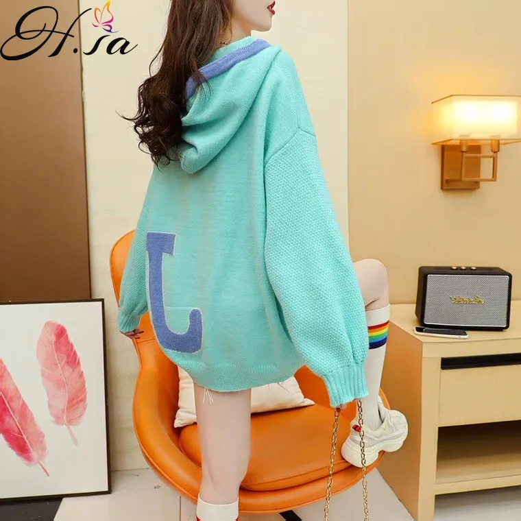 

Hsa осенний свитер женская одежда 2021 Новый универсальный корейский стиль Свободный пуловер с капюшоном для отдыха женский модный
