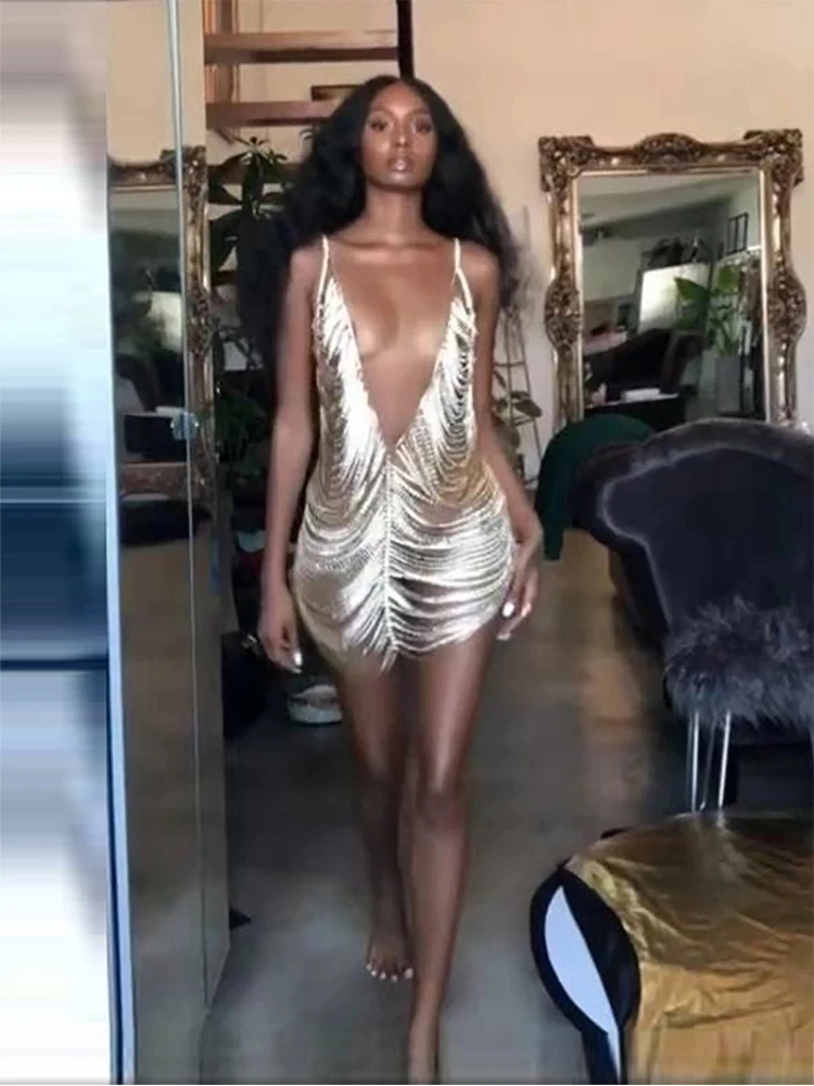 

Rhinestone Crystal Hollow Out Women Mini Dress Diamond Body Chain Backless See Through Sleeveless V Neck Spaghetti Strap Dresses
