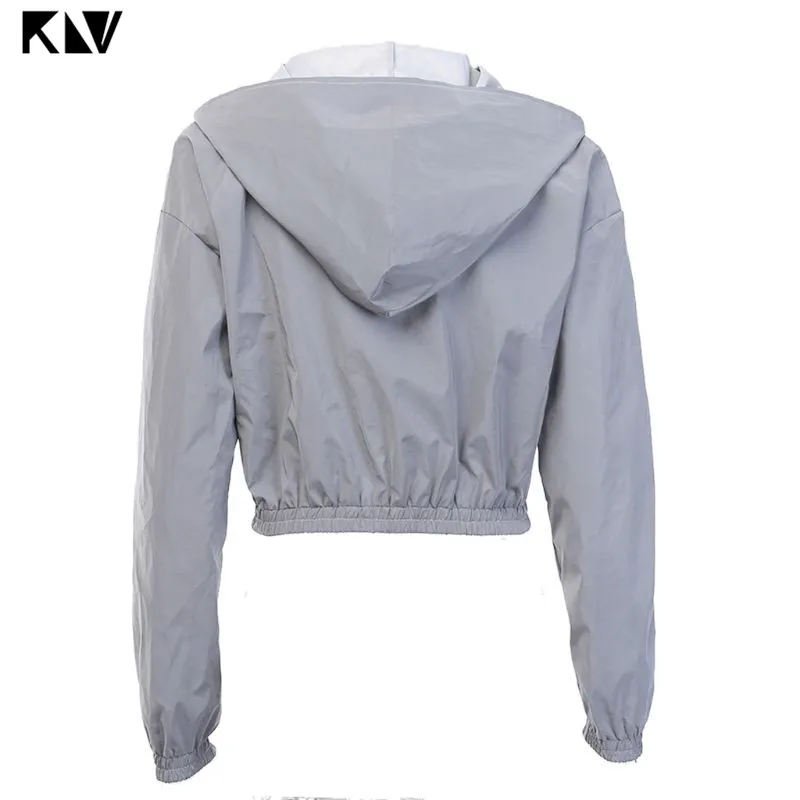 KLV осенние женские светоотражающие с длинным рукавом, с капюшоном, на молнии, Молодежные кроп топы для ночного бега, ветровка, короткое пальто, куртка