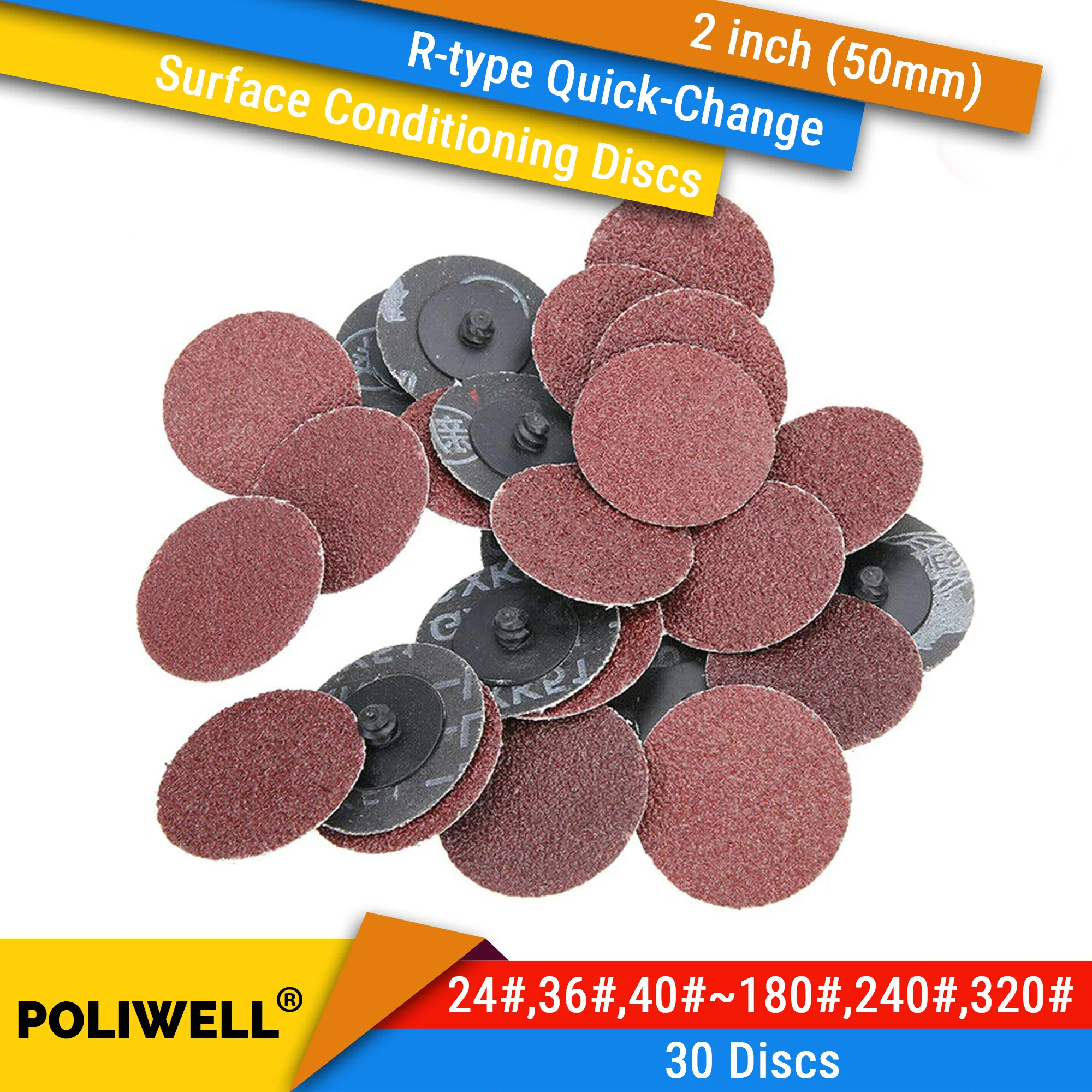 30PCS 2 Inch(50mm) Roll Lock R-Type Quick Change Discs Red Grain Sanding Disc Metal Surface Conditioning Die Grinder Accessories