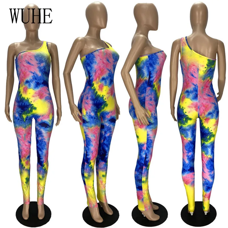 

WUHE Tie Dye Print Jumpsuits One Shoulder Sleeveless Package Hip Hollow Out Elegant Women Streetwear Casual Sports Fitness Club