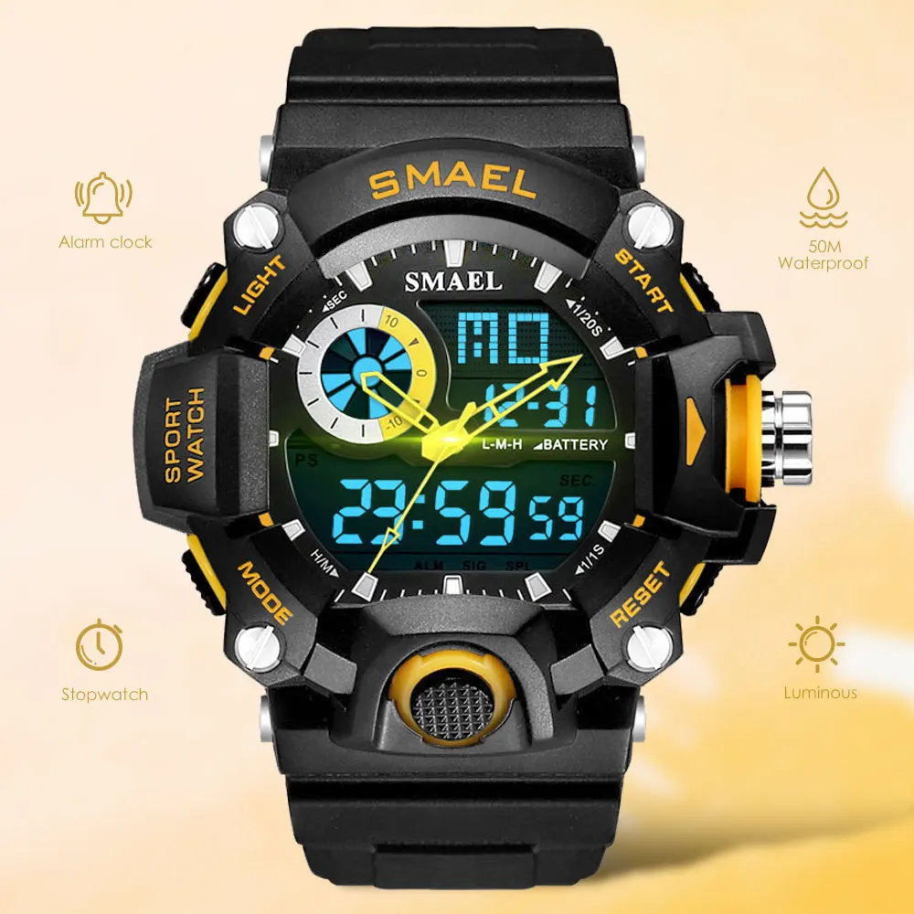 

Мужские водонепроницаемые кварцевые часы SMAEL, спортивные цифровые часы в стиле милитари с отображением даты и недели, часы с двойным циферб...