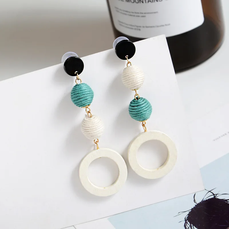 

2020 Women's Fashion Wood Woven Hemp Rope Earrings for Women Candy Colors Vintage Round Long Earrings Party Jewelry Gifts