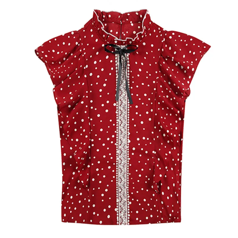

Summer New Women's Blouse 2020 Fashion Stand Collar Short Sleeve Chiffon Shirt Elegant Bow Ruffled Polka Dot Office Top 825A