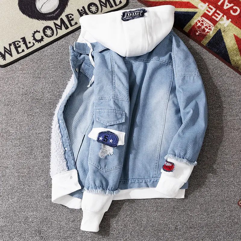 

Autumn and winter denim coat men's hooded handsome fake two-piece jacket spring and autumn clothes Korean fashion work clothes