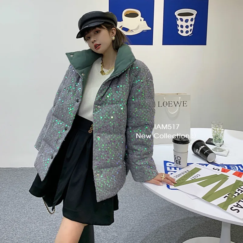 

Sequin Bread Coat Women Winter 2020 Stand Collar Splice Pocket Long Sleeve Parka Outwear Unusual Design High Street Jacket
