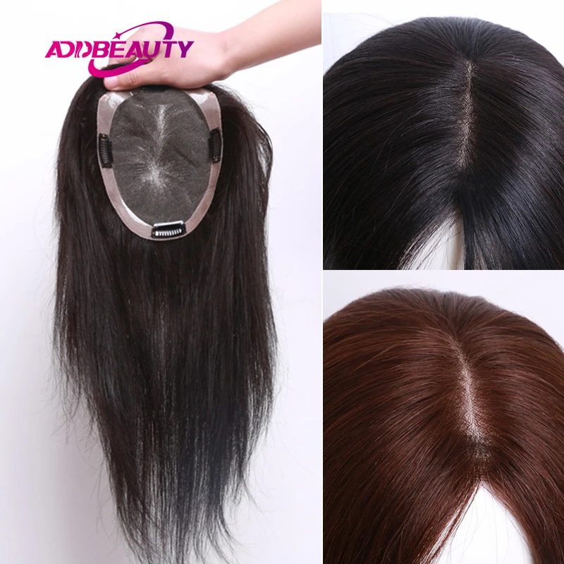 Mono Pu Base Women Toupee Hairpiece Wig Straight Human Remy Hair Extension With Clips Quality Natural Black Maroon Double Knots