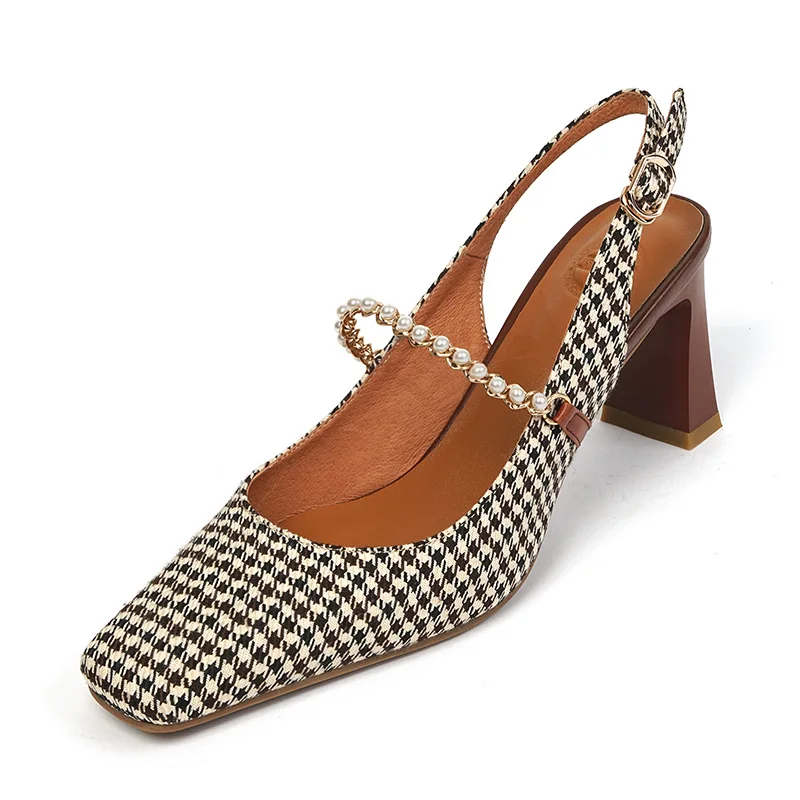 

Women's High Heels Gingham Pearl Square Toe Basic Pumps Ladies Square Med Heel Elegant Women Shoes Buckle Strap Females Pumps