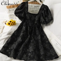 elegant court style sexy beaded square collar fashion mid length dress womens all matching printed puff sleeve a line dress