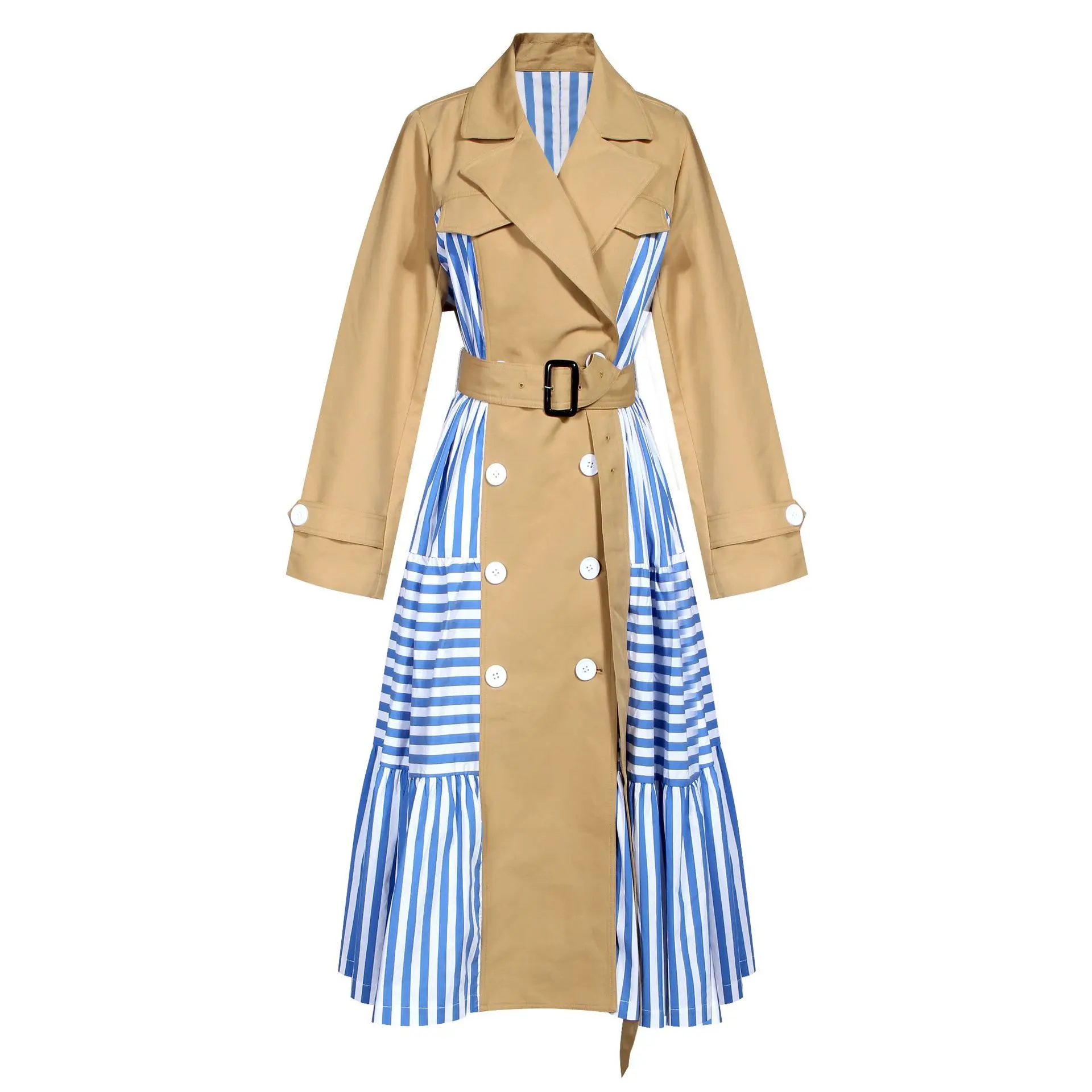 Blue Striped Patchwork Khaki Trench Coat Women Original Design Runway Long Sleeve Belt Windbreaker Hot Sale