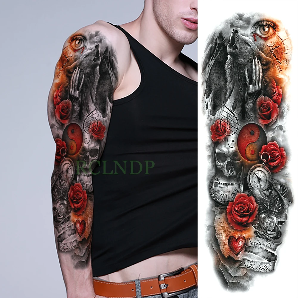 

Waterproof Temporary Tattoo Sticker Howl of wolves Rose Skull full arm large size fake tatto flash tatoo sleeve for men women