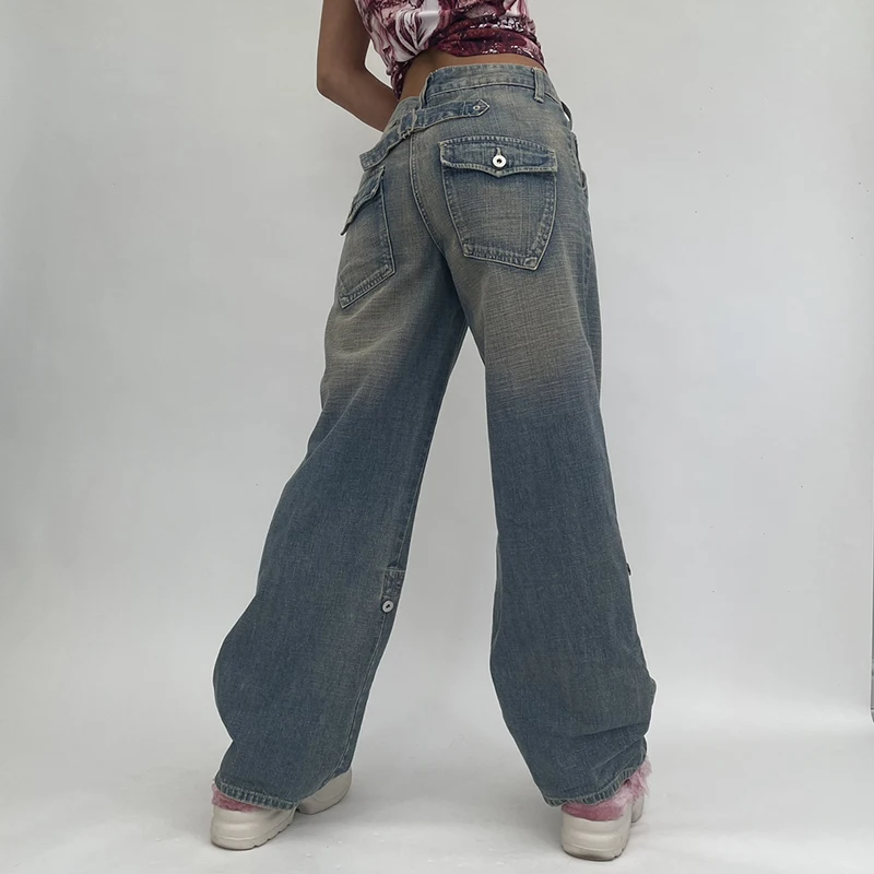 

Women High Waist Vintage Oversized Cargo Pants Casual Streetwear Harajuku Straight Leg Jeans Femme Weekeep Baggy Denim Mom Jeans
