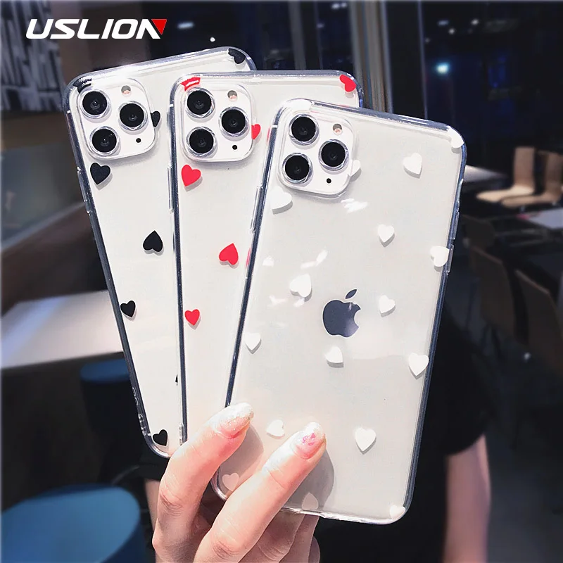 USLION чехол для телефона с сердечком iPhone 11 Pro Max 6 6s 7 8 Plus прозрачный мягкий из ТПУ X XS XR