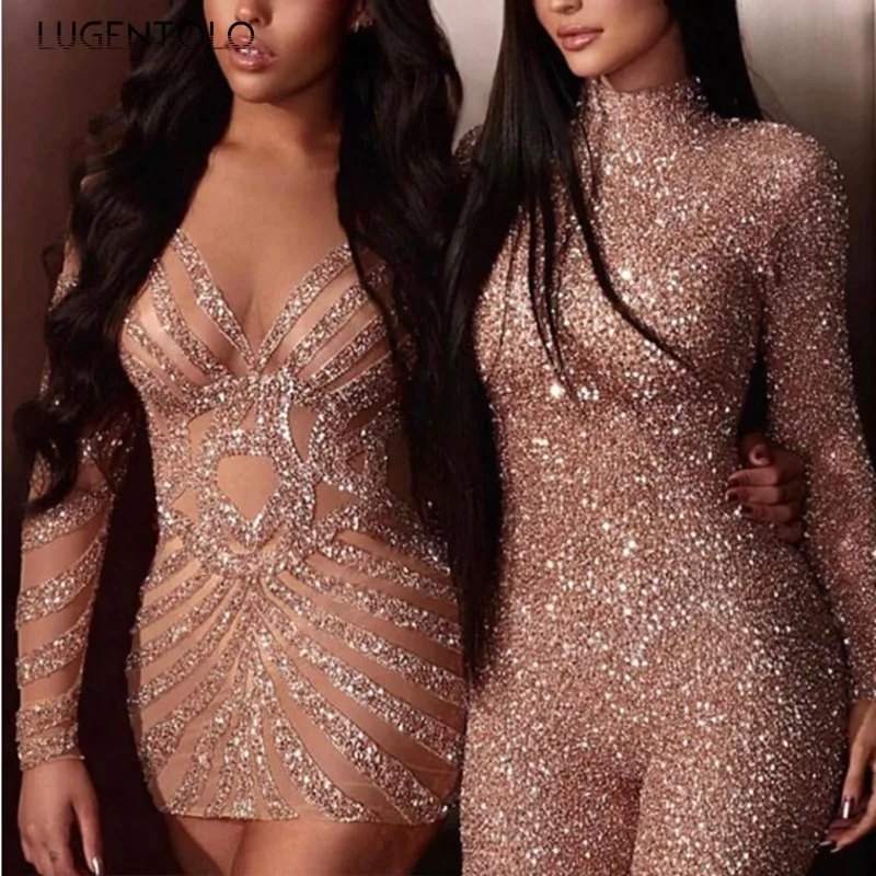 

Lugentolo Sequin Jumpsuit Women Skinny New Sexy Shiny Long Sleeve O-neck Champagne Gold Female Long Jumpsuits