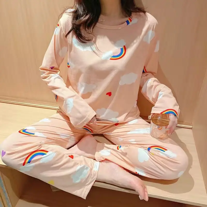 

Cute Orange Fruit Print Summer Pajamas Set For Women Girls Long Sleeve Loose Casual Sleepwear T-Shirts and Shorts Pjs Homewear