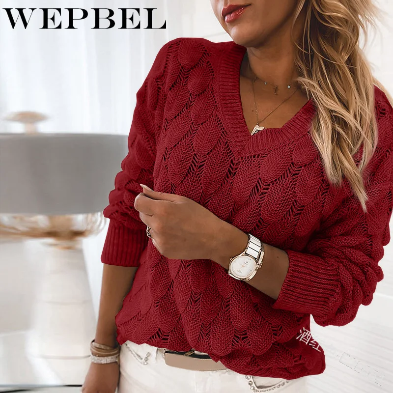 

WEPBEL Women Winter Autumn Loose Knitted Pullover Sweater Top Casual Ladies Long Sleeve V Neck Hollow Out Knitwear Outwear