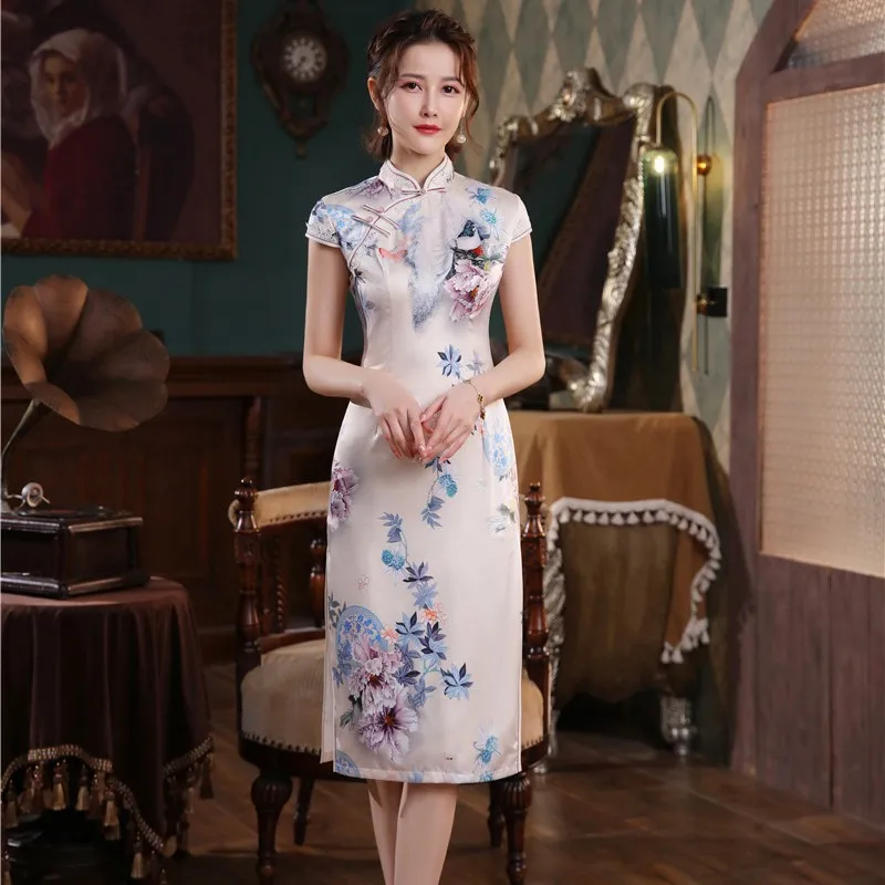 

Элегантное платье-Ципао средней длины с цветочным принтом, женское летнее пикантное приталенное улучшенное платье-Ципао, женское классиче...