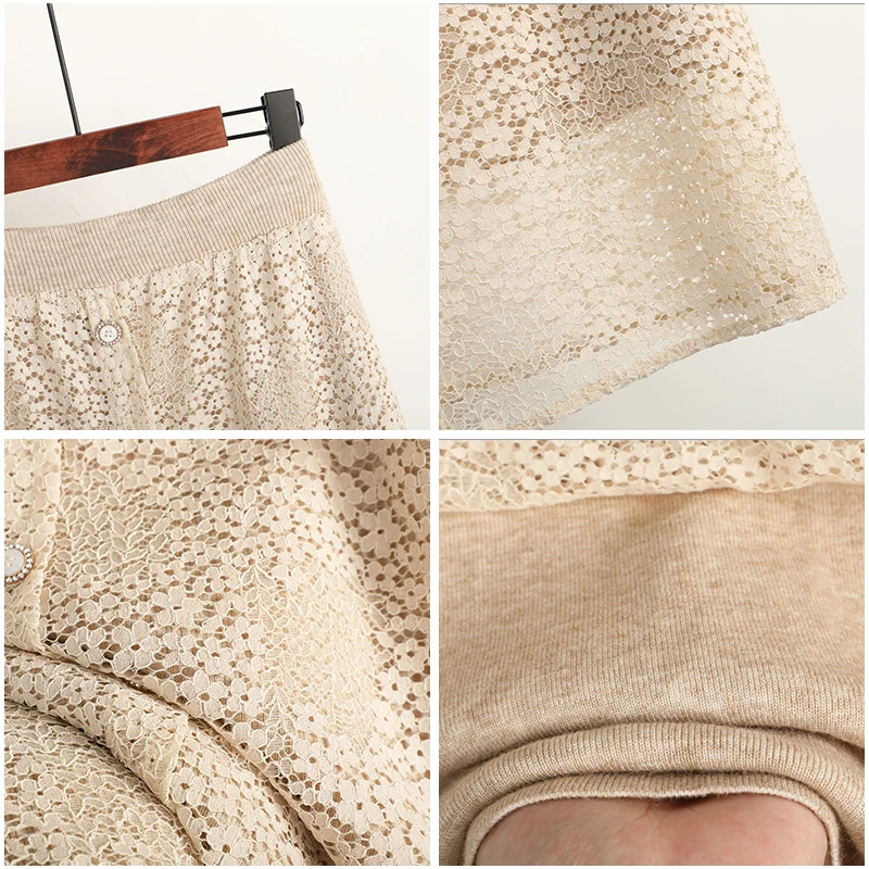 

Winter Both-side Wear Floral Lace Patchwork Cashere Blend A-line Long Knitted Skirts