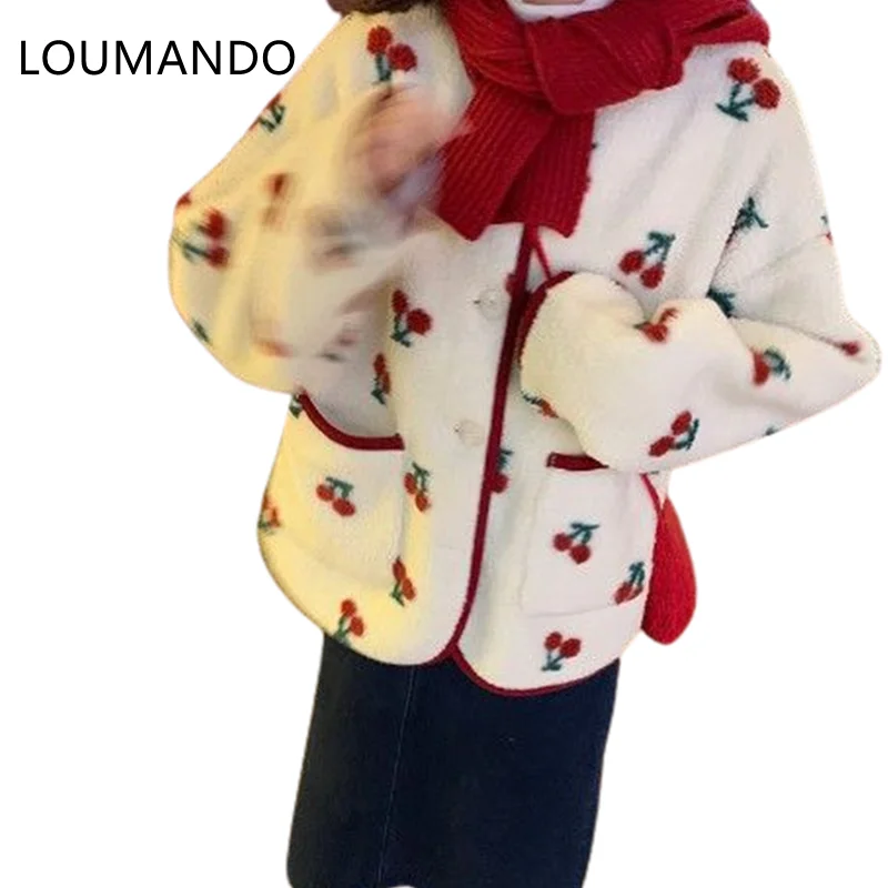 

New Winter Loose casual Japanese Jacket Young Girl retro cherry cotton Jacket thick cherry artificial lamb hair Cute Jacket Girl