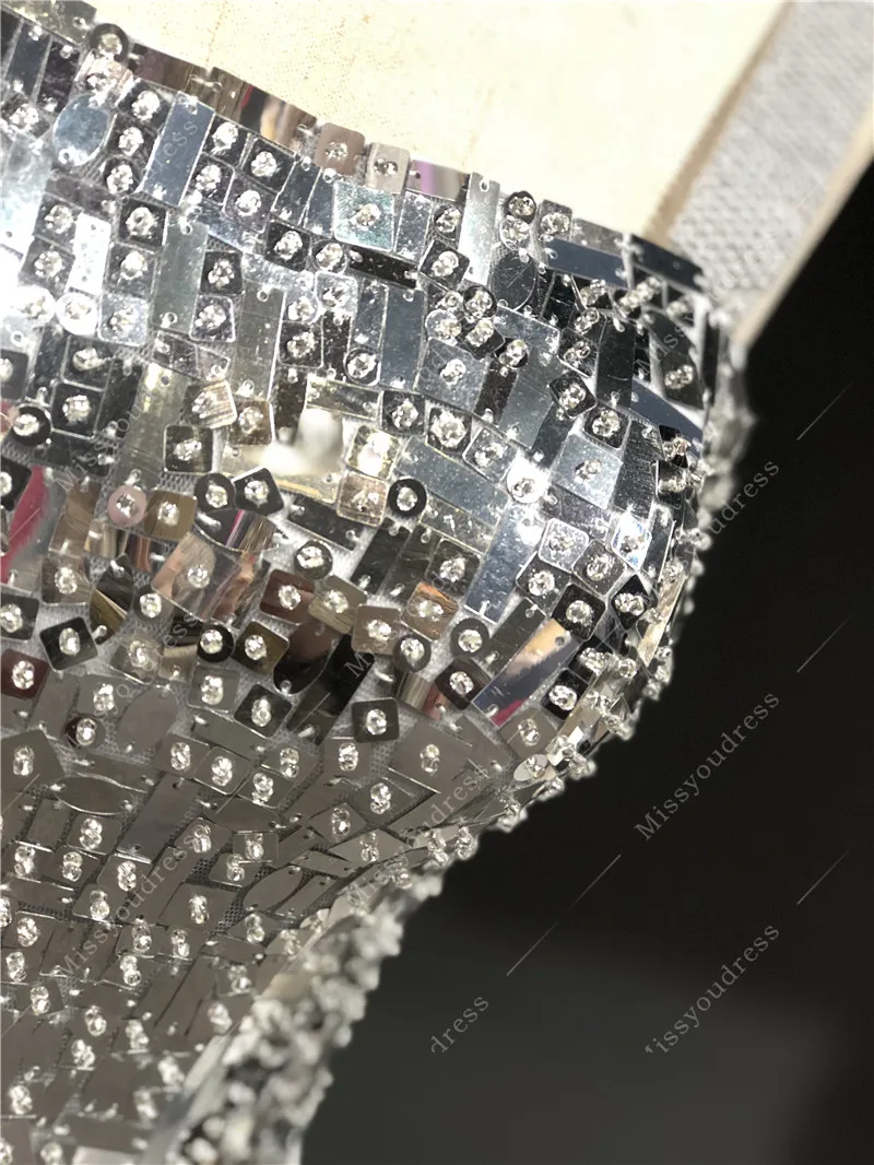 2021 Newest High Quality Customized Silver Strapless Heavy Beading Open Fork Straight Tea-Length Evening Party Dress