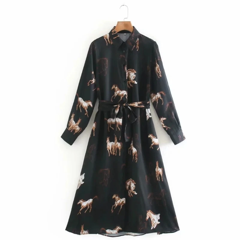 

Autumn Women Horse Print Sashes Turndown Collar Shirt Dress Female Long Sleeve Clothes Casual Lady Slim Vestido