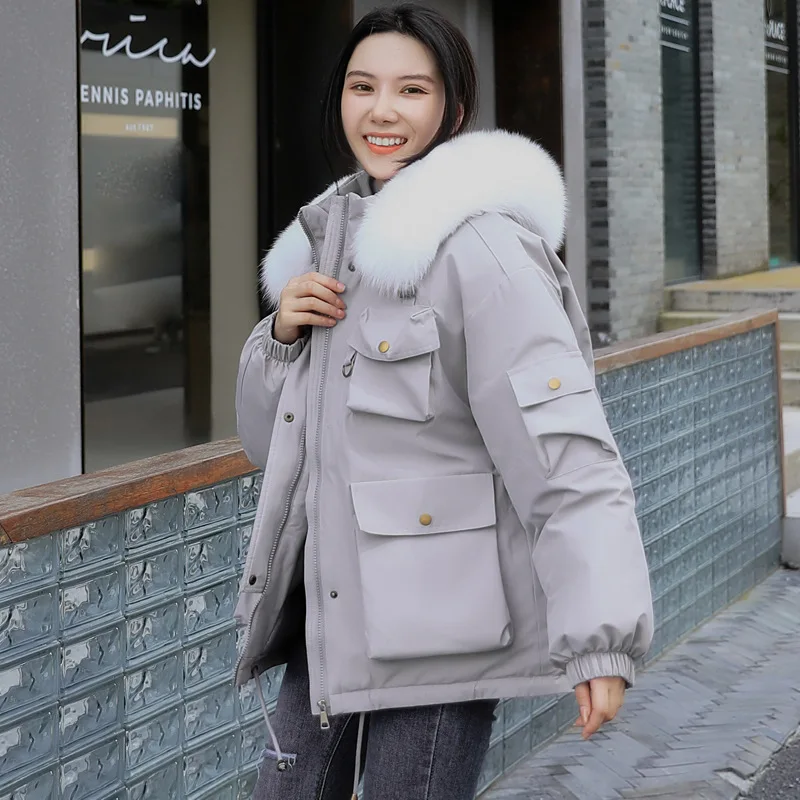 

Chic Women Short Winter Jacket Student Hooded Fur Collar Detachable BIO Down Coat Oversize Cotton padded Parkas