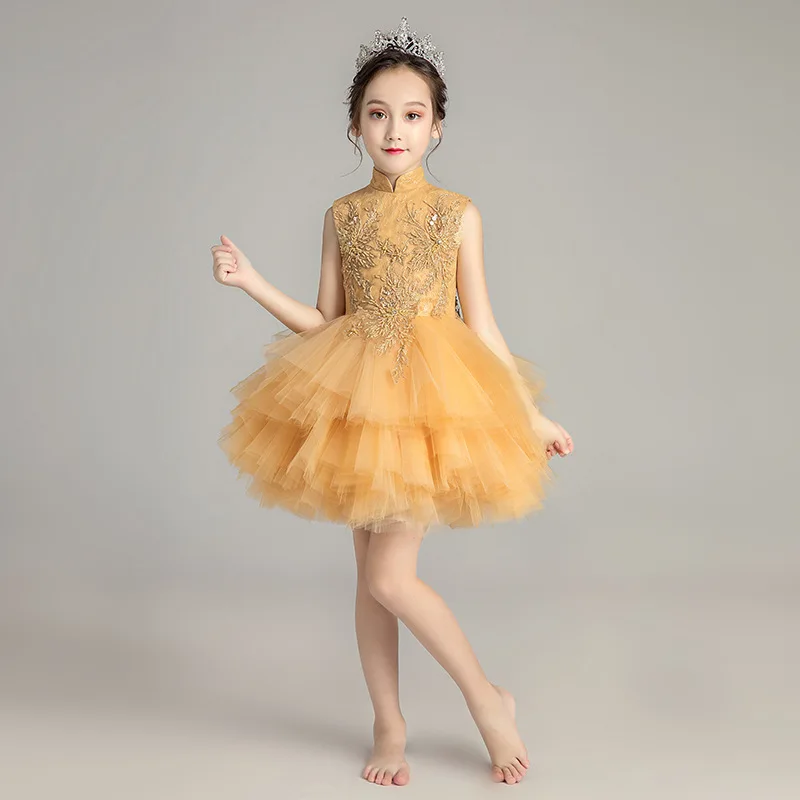 Детские кружевные платья принцессы с золотыми блестками и бусинами длинные