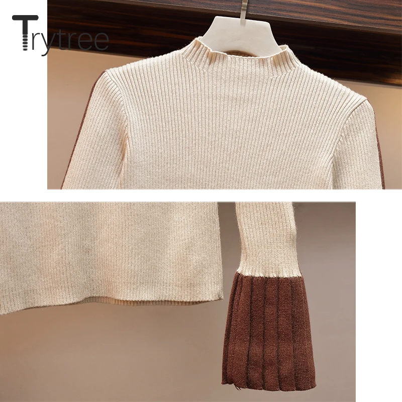 Trytree 2019 Autumn Winter Women Two piece set Turtleneck Flare Sleeve Knitting Top + Vest Fashion Belt Knee-Length 2 Piece Set | Женская