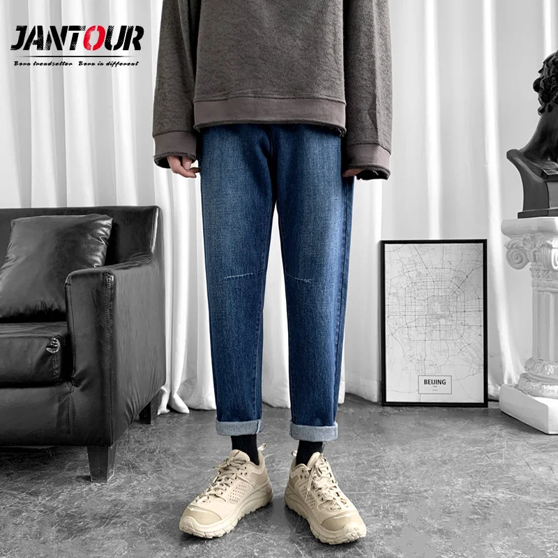 

Baggy Men Jeans Brand Pants Spring Korean Young Boys Casual Belt Pants Wide Leg Trousers Mdale Streetwear Hip Hop Blue Pantalon