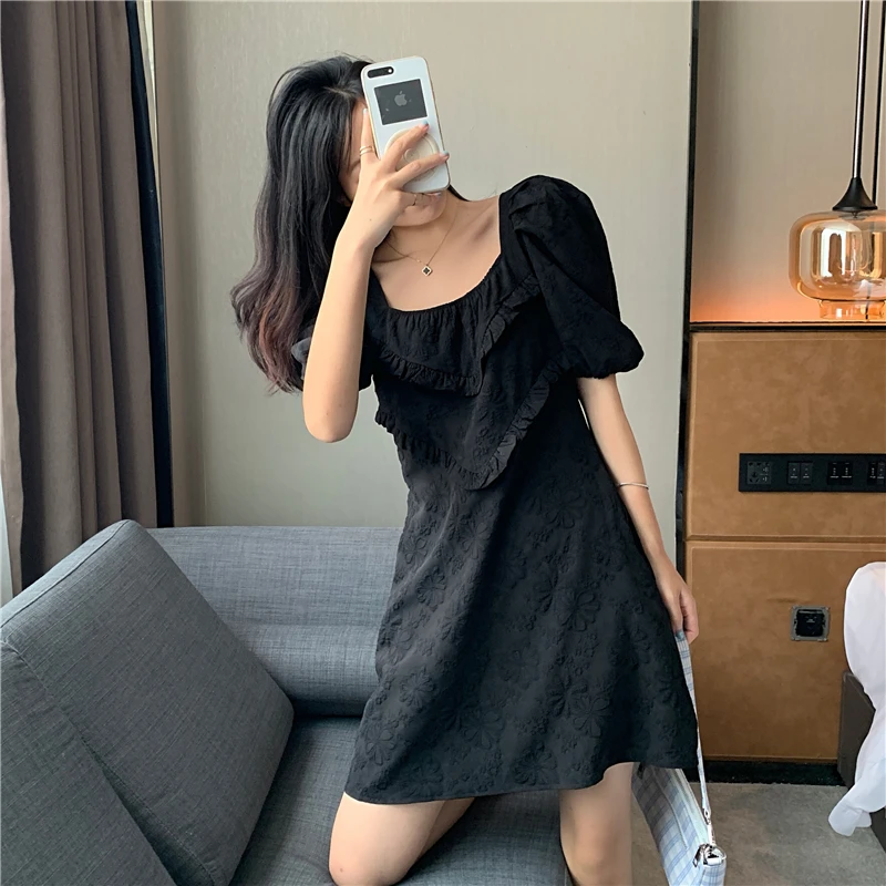 

Large size fat mm black jacquard bubble sleeve square collar dress female slim French retro Hepburn little black dress in summer