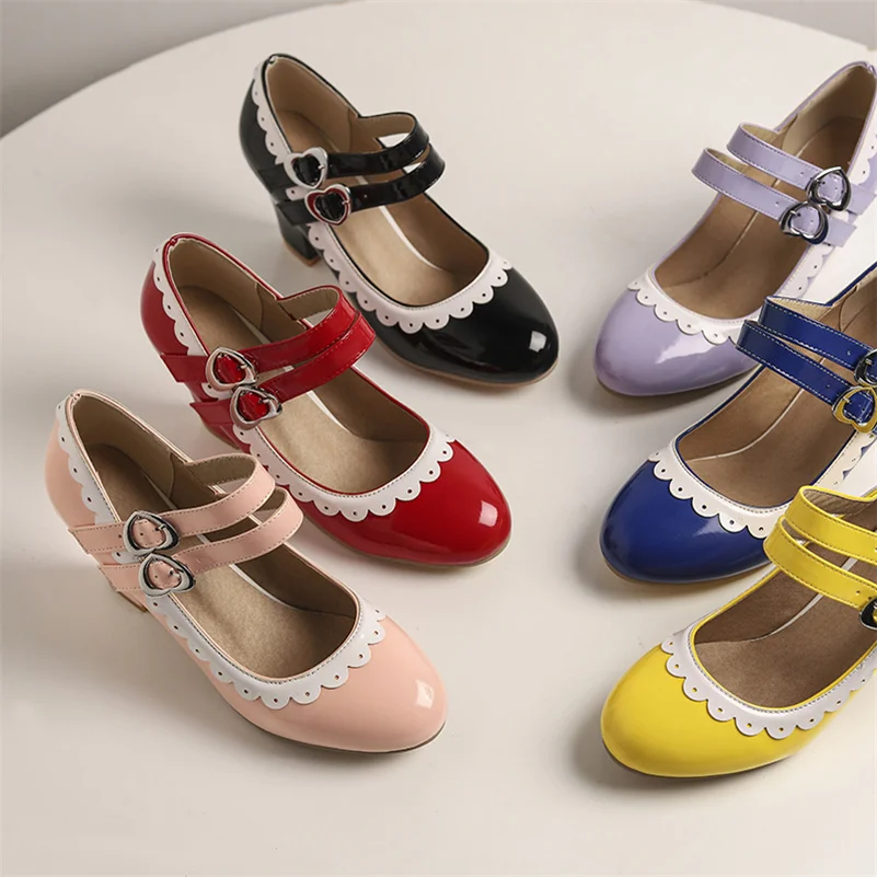 

COOLULU Patent Leather High Heels Mary Janes Shoes Women Block Heel Pumps Buckle Female Dress Footwear Spring Red Plus Size 48