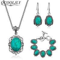 new oval blue stone jewelry set pendant earrings retro antique necklace set ladies jewelry gifts for women wedding party jexxi