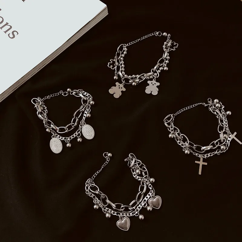 

Gothic Hip Hop Metal Cross Pendant Charm Bracelet for Women Female Beads 2 Layering Linked Chain Bracelets Cool Jewelry Gift
