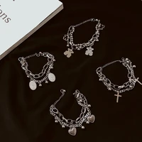 gothic hip hop metal cross pendant charm bracelet for women female beads 2 layering linked chain bracelets cool jewelry gift
