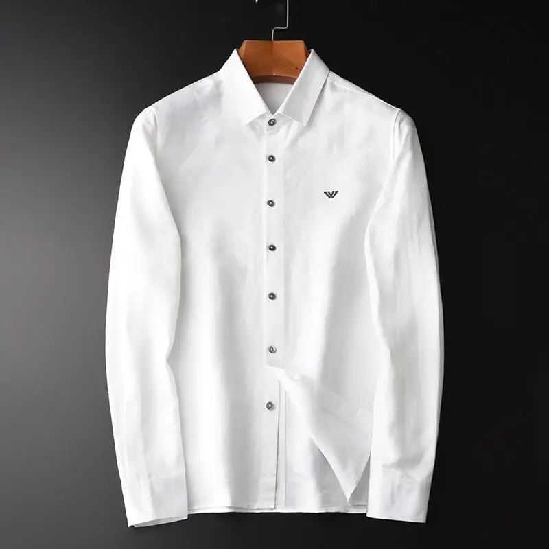 

2021 spring new breathable cool business casual Linen Shirt Men's handsome long sleeve white shirt embroidered top