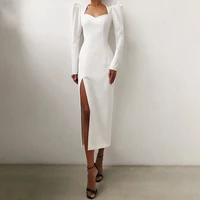 2021 retro sexy dress for sex night women springsummer korean fashion style slim fit graceful puff sleeve split sheath bodycon