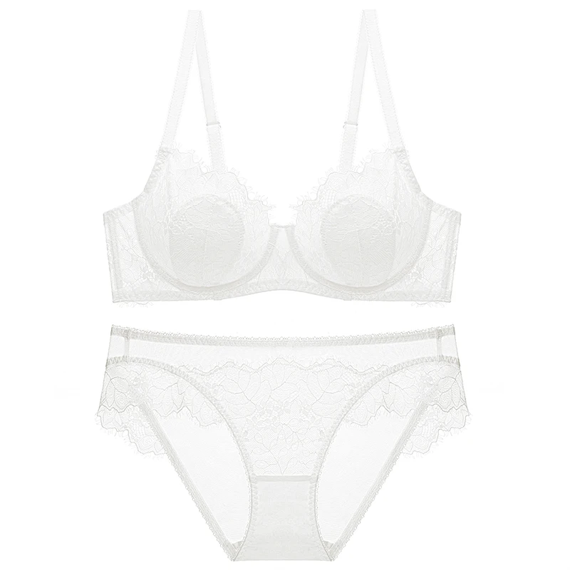 

Woment Sexy lace floral underwear thin breathable big bosom shows small bra underwire big size ABCDE 3/4CUP Bra set