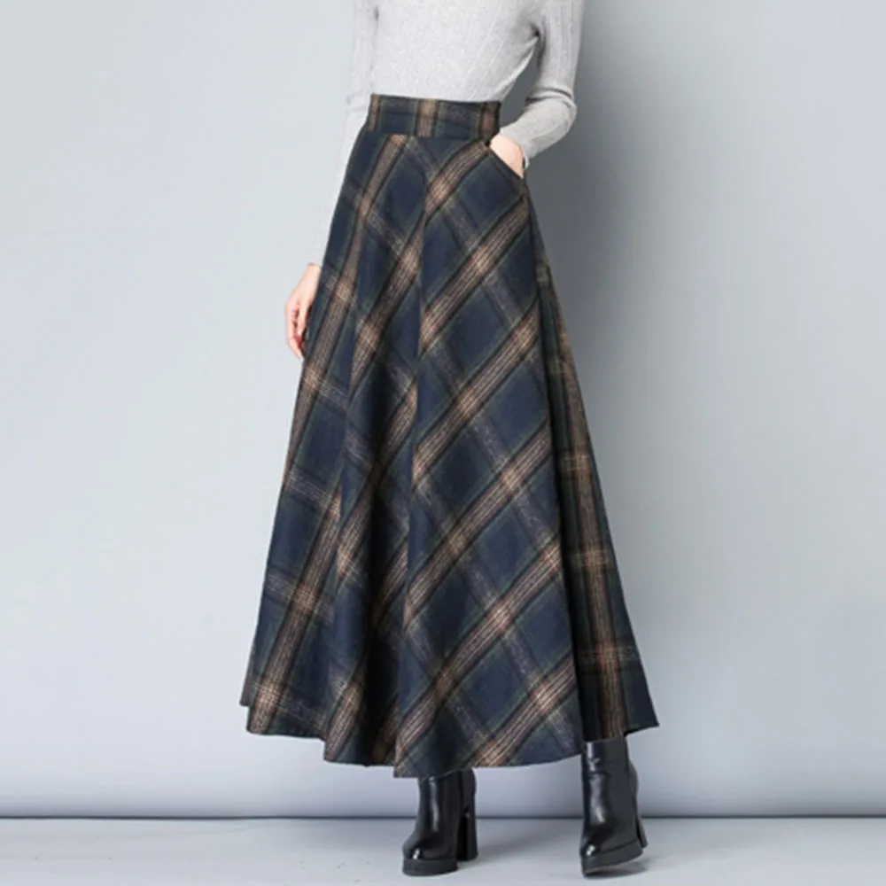 Осень зима теплая XXL Клетчатая Шерстяная Юбка Высокая талия для женщин