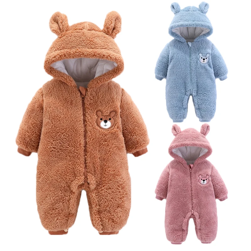

Toddler Baby Overalls Winter Thicken Flannel Jumpsuit Newborn Hood Bear Romper Infant Boy Girl Cotton Clothes Kids New Year Coat