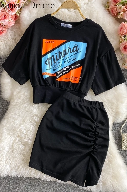 

2021 Summer New Korean Style Waist Trimming Short Short Sleeve T-shirt Top Split Sheath Skirt Casual Suit