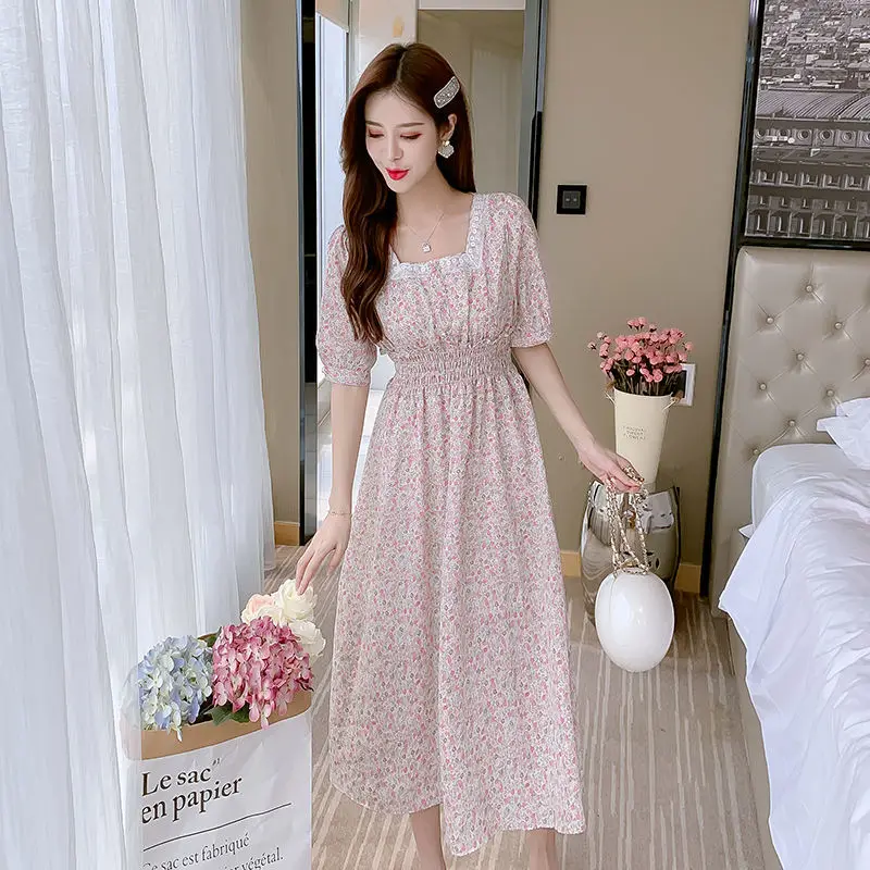 

2021 Women Spring Summer Casual Sweet Dresses Ladies Print Square Collar Pleated Dress Female Vintage Short Sleeve Vestidos K143