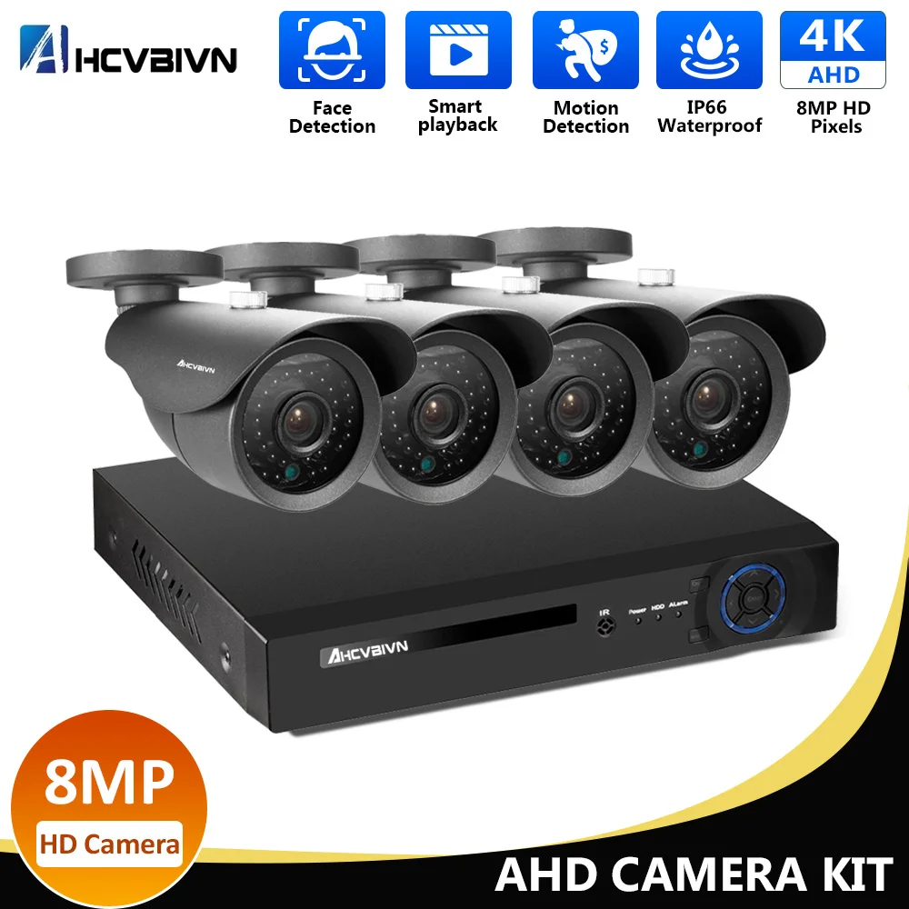 

4K 4CH CCTV Security Camera System 4CH 6 in 1 AHD TVI CVI CCTV Kit 8MP Indoor Outdoor Weatherproof Surveillance Camera System