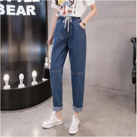 Женские джинсы с эластичной завышенной талией повседневные свободные синие